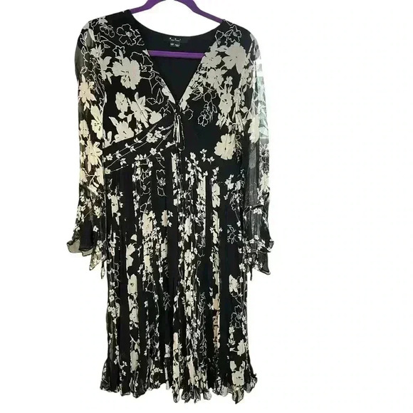 ECI New York Floral Dress Sz 12P Black Silk A Line Knee Length Formal - Picture 4 of 16